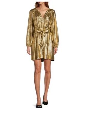 NWT ANTONIO MELANI Raffaella Metallic Split V-Long Sleeve Tie Waist Dress